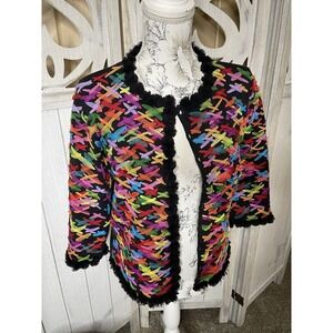Vintage Michael Simon Woven Ribbons Cardigan Sweater Rainbow Women’s Medium